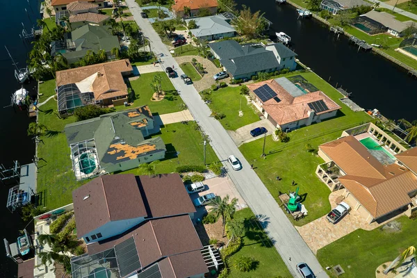 stock image Destroyed by hurricane Ian suburban coastal houses in Florida home residential area. Consequences of natural disaster.