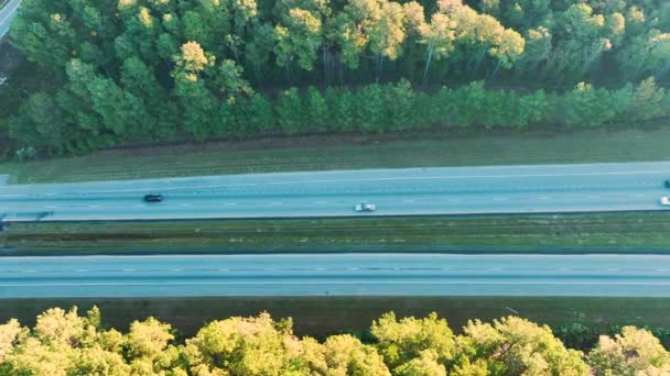 从上面看 繁忙的美国公路上有快速行驶的卡车和汽车 州际运输概念 — 图库视频影像