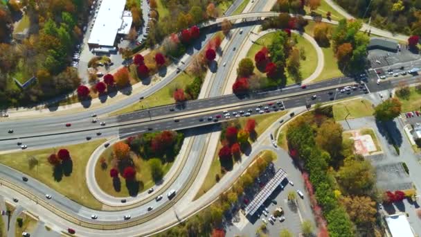 Aerial View American Freeway Intersection Fast Moving Cars Trucks Usa — Stock Video