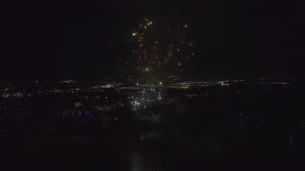 Aerial View Bright Fireworks Exploding Colorful Lights Sea Shore Independence — Video