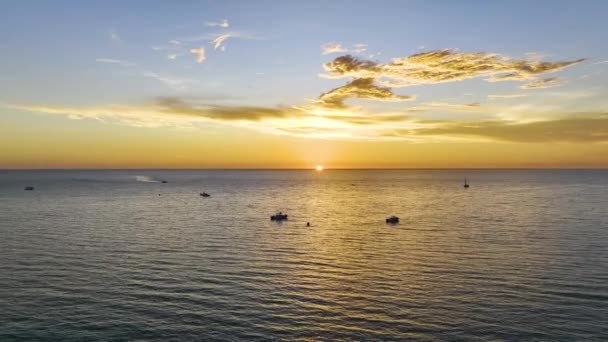 Aerial View White Yachts Sunset Floating Sea Waves Ripple Surface — Stock Video
