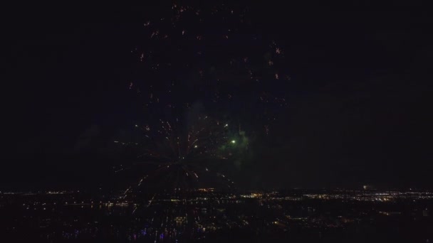 Aerial View Bright Fireworks Exploding Colorful Lights Sea Shore Independence — Stock Video