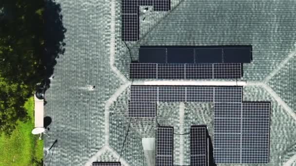 Aerial View Typical American Building Roof Rows Blue Solar Photovoltaic — Stockvideo