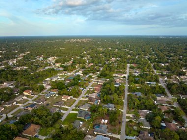 Florida kırsal kesimindeki yeşil palmiye ağaçları arasındaki banliyö özel evlerinin hava manzarası.