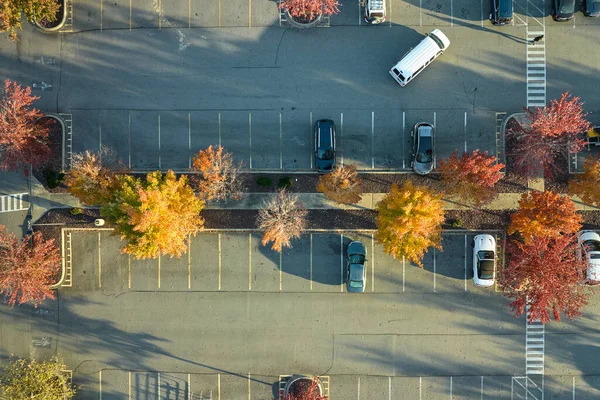View from above of many parked cars on parking lot with lines and markings for parking places and directions. Place for vehicles in front of a strip mall center.