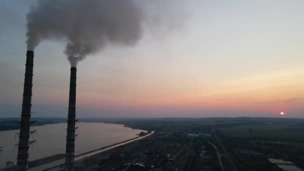 Aerial View Coal Power Plant High Pipes Black Smoke Moving — Vídeo de Stock