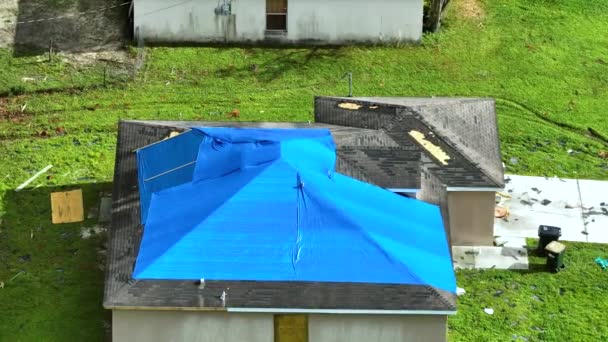 Top View Leaking House Roof Covered Protective Tarp Sheets Rain — Stock Video