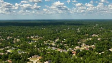 Florida 'nın sakin kırsal kesimindeki yeşil palmiye ağaçları arasındaki banliyö özel evlerinin hava manzarası.