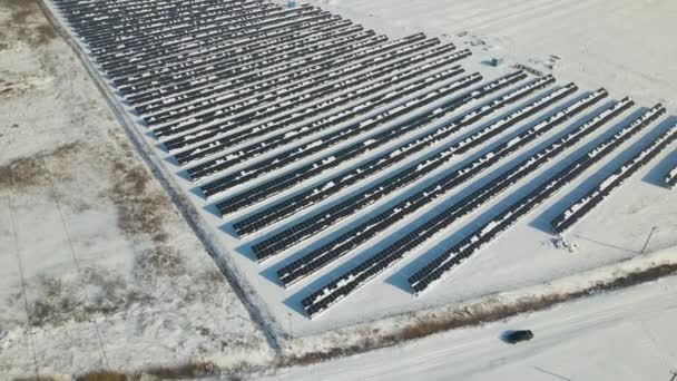 Aerial View Electrical Power Plant Solar Panels Covered Snow Melting — Stock video