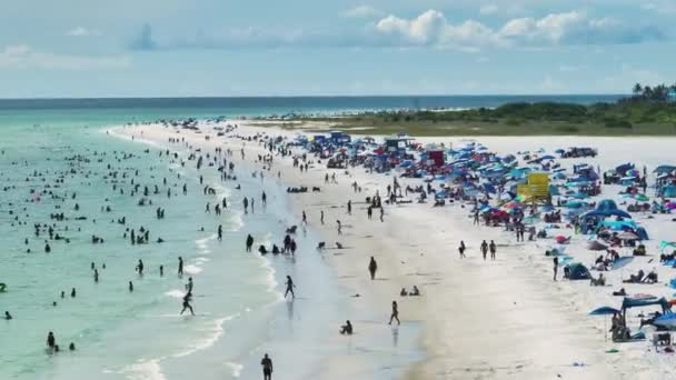 サラソータ 米国のシエスタキービーチの空中ビュー 多くの人々は 湾岸の水で泳いだり 暖かいフロリダの太陽の下でリラックスして休暇を楽しんでいます — ストック動画