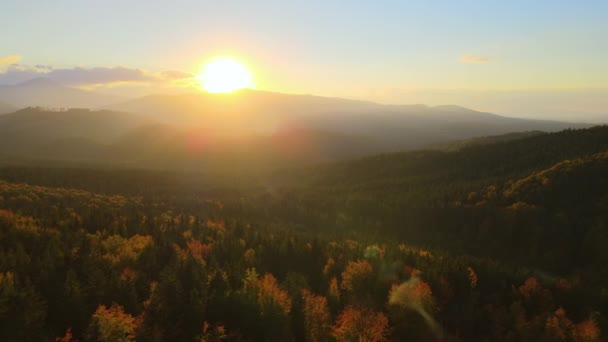 夕焼け時にぼんやりとしたピークと霧の谷と美しいパノラマの山の風景 — ストック動画