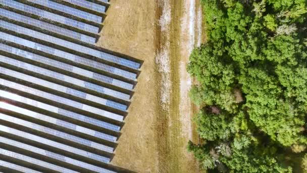 拥有一排太阳能光电面板的大型可持续发电厂的空中视图 用于生产清洁的电能 零排放可再生能源的概念 — 图库视频影像