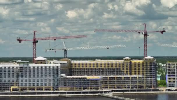 Tower Cranes Frame Structure High Residential Apartment Buildings Construction Site — Stockvideo