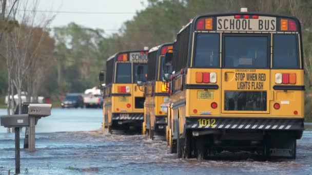 Hurricane Ian Flooded Street Moving Evacuation School Buses Surrounded Water — стоковое видео