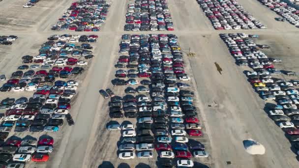 从大停车场上方看 在车祸后停放的二手车随时可供出售 出售二手车修理的拍卖转售公司 — 图库视频影像