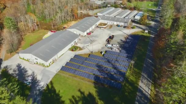 Aerial View Solar Power Plant Photovoltaic Panels Mounted Industrial Building — Vídeos de Stock