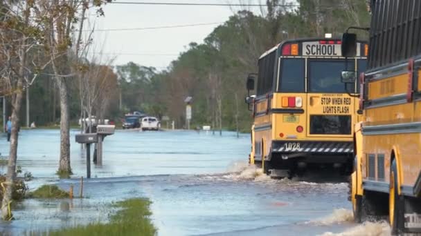 Hurricane Ian Flooded Street Moving Evacuation School Buses Surrounded Water — Stockvideo