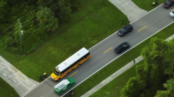 在空中看到美国黄色校车在郊区的街道上行驶 在一大早接孩子上学 美国的公共交通 — 图库视频影像