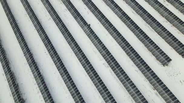 Aerial View Electrical Power Plant Solar Panels Covered Snow Melting — Vídeos de Stock