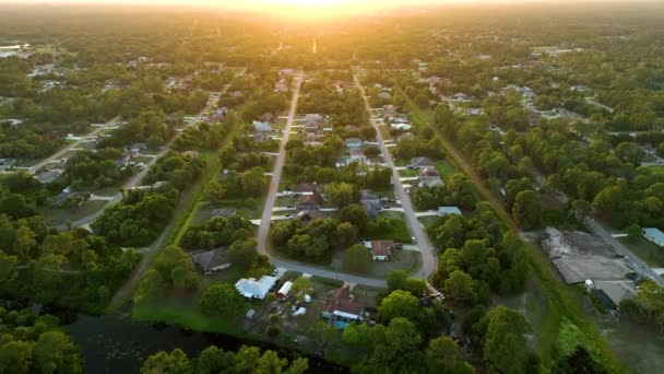 夜のフロリダ静かな住宅街の緑のヤシの木の間の民家と郊外の風景の空中ビュー — ストック動画