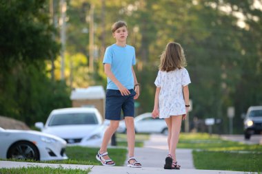 Güneşli bir günde kırsalda birlikte yürüyen iki genç çocuk, kız ve erkek kardeş, erkek ve kız kardeş. Tatil zamanı kavramı.