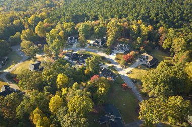 Güney Carolina 'nın banliyölerindeki sarı sonbahar ağaçları arasındaki pahalı konutların manzarası. Amerikan banliyölerinde emlak gelişimine örnek olarak Amerikan rüya evleri.