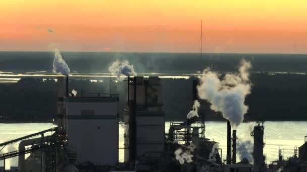 Аерофотозйомка Деревообробного Заводу Димом Від Забруднення Атмосфери Виробничого Процесу Заводі — стокове відео
