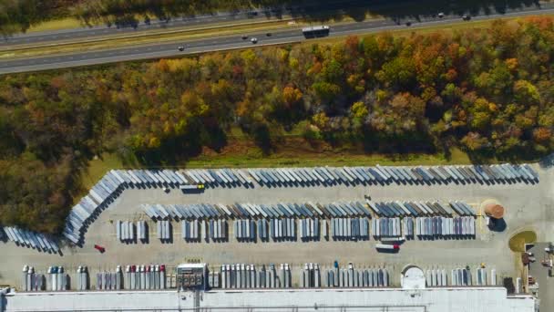 Top View Giant Logistics Center Many Commercial Trailer Trucks Unloading — Stock Video