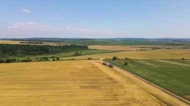Tarımsal buğday tarlaları arasında toprak yolda giden kamyon görüntüsü. Hasat mevsiminde hasatçıların topladığı tahıl naklinden sonra..