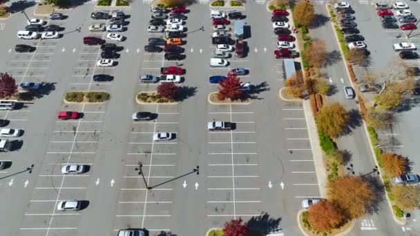 Aerial View Many Colorful Cars Parked Parking Lot Lines Markings — Vídeos de Stock