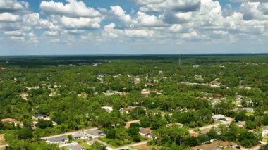 Aerial landscape view of suburban private houses between green palm trees in Florida quiet rural area.