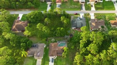 Florida 'nın sakin yerleşim bölgesinde yeşil palmiye ağaçları arasında özel evleri olan küçük bir Amerikan banliyö manzarası..