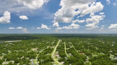 Florida 'nın sakin yerleşim bölgesinde yeşil palmiye ağaçları arasında özel evleri olan küçük bir Amerikan banliyö manzarası..