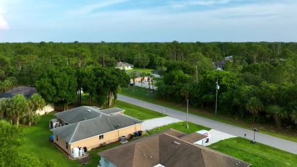 Luftaufnahme Von Vorort Privathäusern Zwischen Grünen Palmen Florida Ruhige Ländliche — Stockvideo