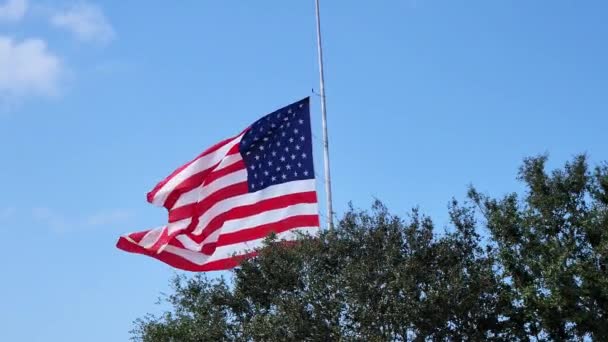 Amerykańska Flaga Narodowa Opuszczona Połowy Masztu Wietrze Przeciwko Błękitnemu Niebu — Wideo stockowe