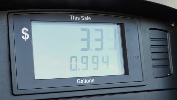 Close Gasoline Pump Gas Station Showing Dollars Payed Gallons Fuel — 图库视频影像