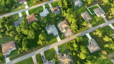 Florida 'nın sakin kırsal kesimindeki yeşil palmiye ağaçları arasındaki banliyö özel evlerinin hava manzarası.