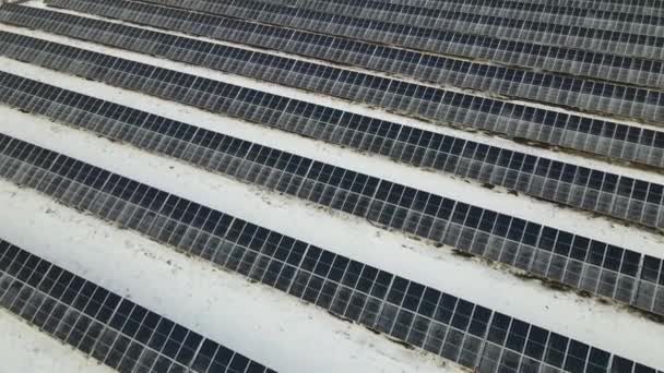 Aerial View Electrical Power Plant Solar Panels Covered Snow Melting — Stok video