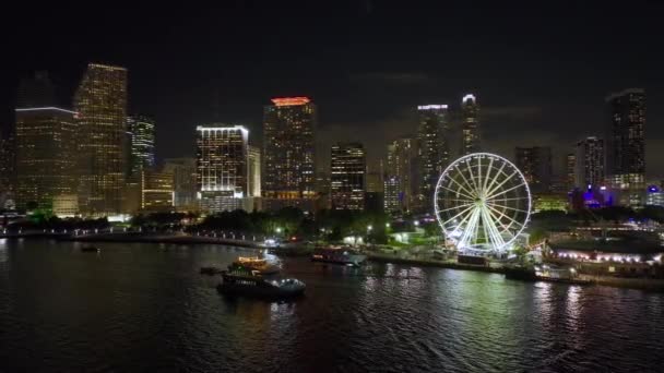 Aerial View Skyviews Miami Observation Wheel Bayside Marketplace Reflections Biscayne — Vídeo de Stock