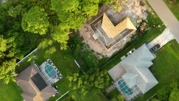 Aerial View Suburban Private House Wit Wooden Roof Frame Construction — Video