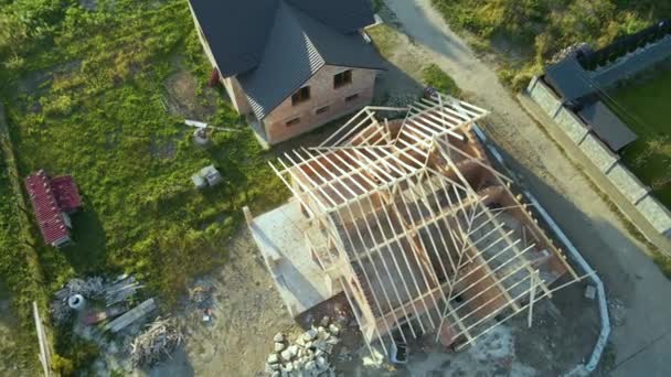 Aerial View Unfinished Residential House Wooden Roof Frame Structure Construction — Stock Video