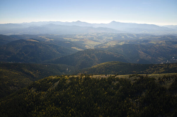 Вид с воздуха на высокие вершины с темными сосновыми деревьями в диких горах.
