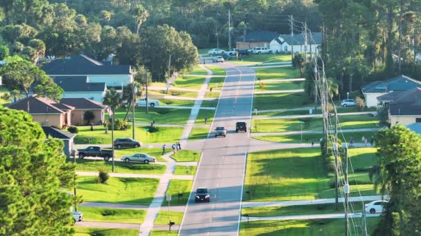 小さな町で運転車と街の交通の空中ビュー フロリダ州静かな住宅地の緑のヤシの木の間の民家とアメリカの郊外の風景 — ストック動画