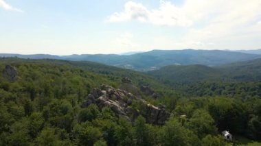Dağ tepelerindeki yoğun yeşil ormanın havadan görünüşü. Vahşi ormanın güzel manzarası.