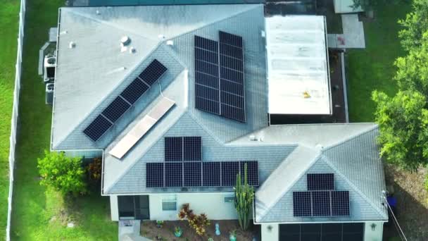 Aerial View Typical American Building Roof Rows Blue Solar Photovoltaic — Video Stock