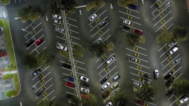 Aerial night view of many cars parked on parking lot with lines and markings for parking places and directions. Place for vehicles in front of a grocery mall store.