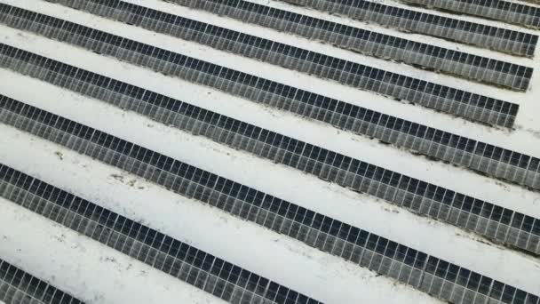 Aerial View Electrical Power Plant Solar Panels Covered Snow Melting — Stockvideo