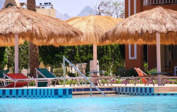 Lege Ligstoelen Onder Stroschaduwparasols Aan Rand Van Het Zwembad Tropisch — Stockfoto