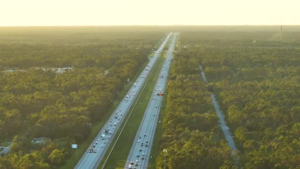 Aerial View Busy American Highway Fast Moving Traffic Sunset Interstate — Stock Video