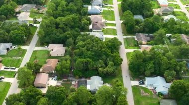Florida 'nın sakin kırsal kesimindeki yeşil palmiye ağaçları arasındaki banliyö özel evlerinin hava manzarası.